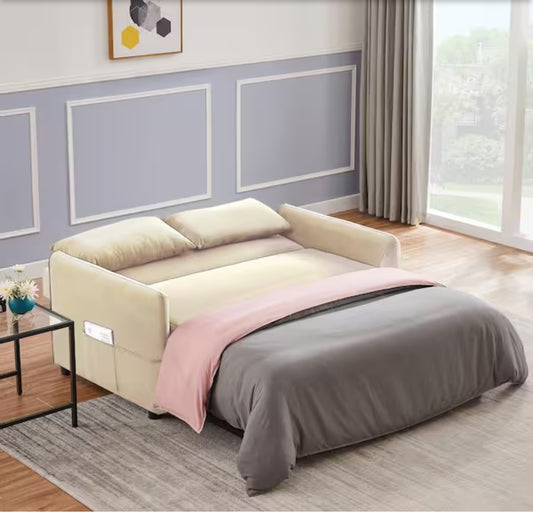 KINWELL
57.1 in. Beige Multifunctional Full-Size Soft Velvet Sofa Bed Reversible Sleeper with 2-Pillows