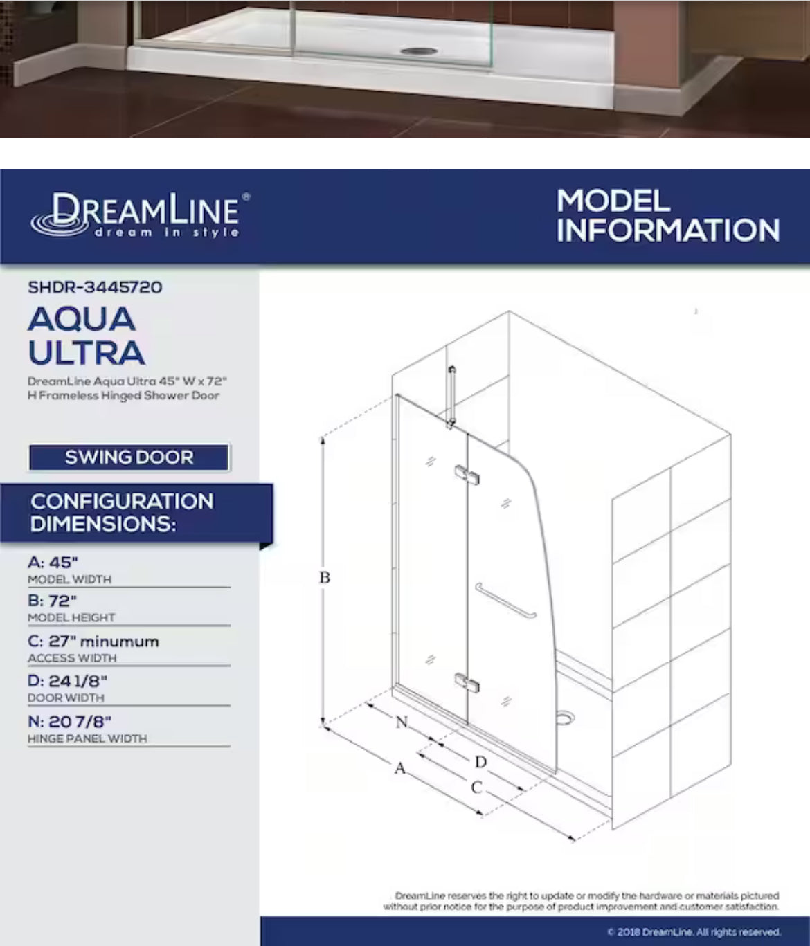 Aqua Ultra 45 in. x 72 in. Semi-Frameless Hinged Shower Door in Brushed Nickel