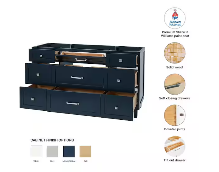 (AQ) Monroe 60" Double Vanity in Midnight Blue with Top