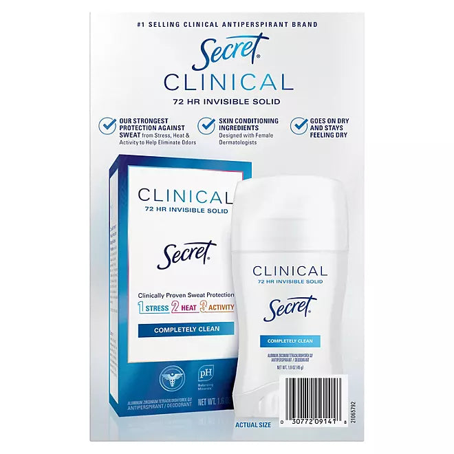 Secret Clinical Invisible Solid Antiperspirant and Deodorant, Completely Clean, 1.6 oz., 3 pk.