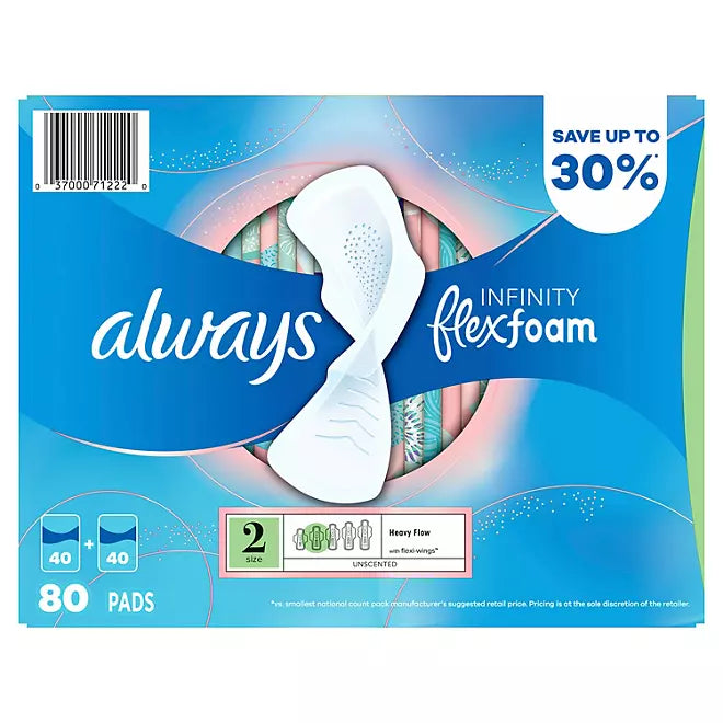 Always Infinity FlexFoam Heavy Flow Pads with Flexi-Wings, Unscented, Size 2, 80 ct.