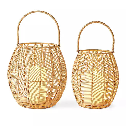 Member's Mark Set of 2 Resin Rattan Lanterns with Flameless Pillar Candles