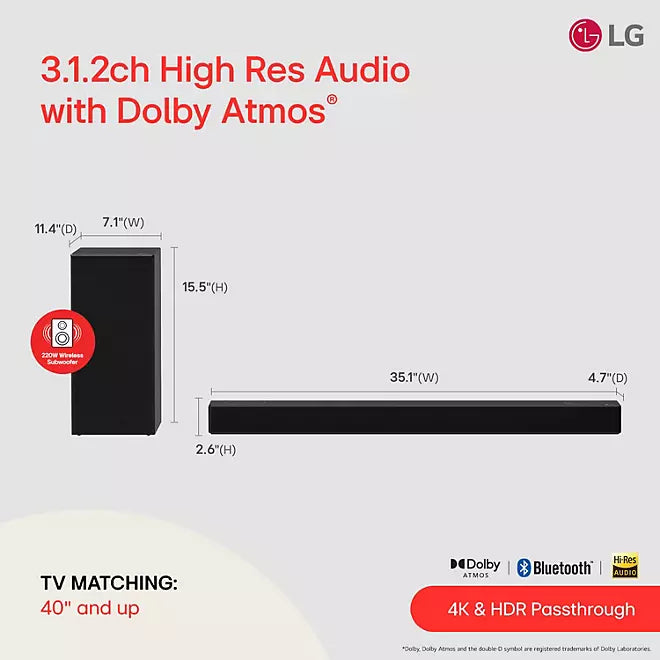 LG 3.1.2 Channel High-Resolution Audio Sound Bar with Dolby Atmos - SPD7Y