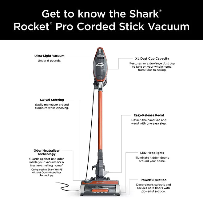 Shark Rocket Pro Corded Stick Vacuum with Odor Neutralizer Technology, HN175