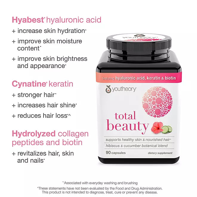 Youtheory Total Beauty Hyaluronic Acid, Keratin & Biotin Capsules 90 ct.