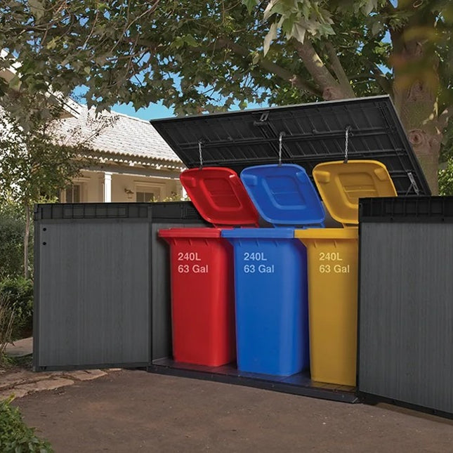 Keter Cortina Mega storage shed in use holding wheelie bins