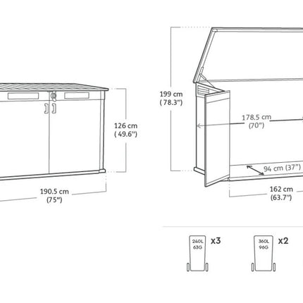 Keter Cortina Mega storage shed dimensions diagram