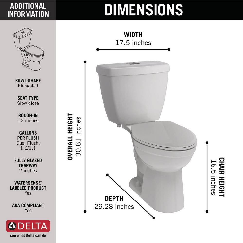 Delta Foundations 2-piece 1.1 GPF/1.6 GPF Dual Flush Elongated Toilet in White