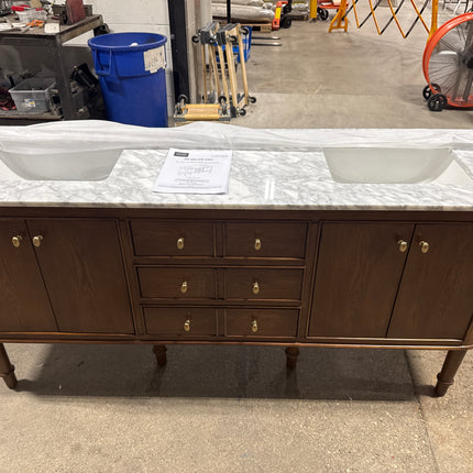 Collette 72 in. Double Sink Freestanding Bathroom Vanity in Cinnamon Oak with White Carrara Marble Top *Cracked!*
