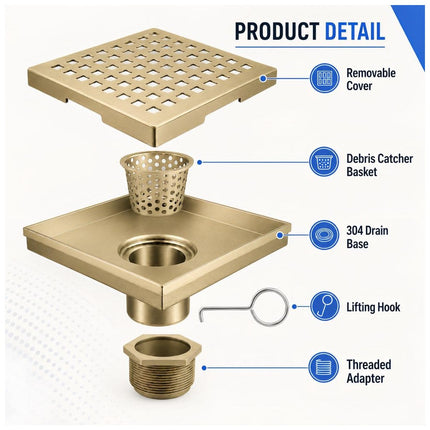 BWE 4" Square Shower Drain Chrome, Stainless Steel Shower Floor Drain Kit with ABS Flange, Removable Grid Cover A-9FD11-4BG