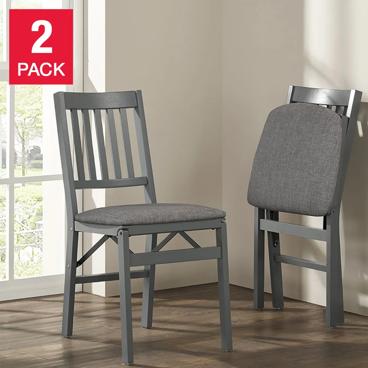 Stakmore Wood Folding Chair with Upholstered Seat, 2-pack GRAY