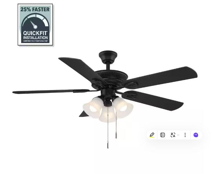 Hampton Bay Glendale III 52 in. LED Indoor Matte Black Ceiling Fan with Light and Pull Chains