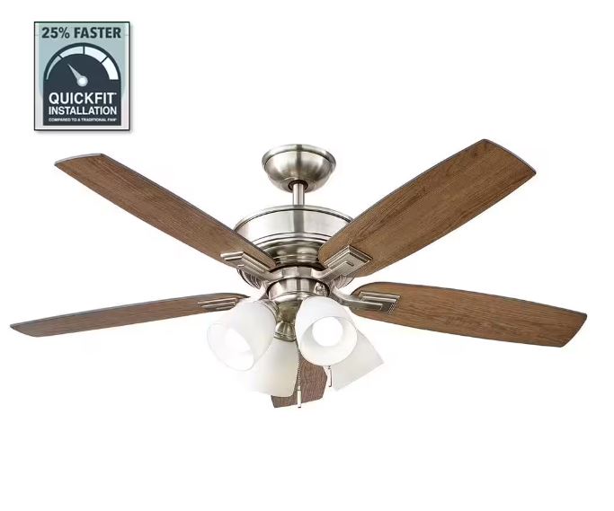 Hampton Bay Devron II 52 in. Indoor Brushed Nickel LED Ceiling Fan with Light Kit, Downrod and Reversible Blades