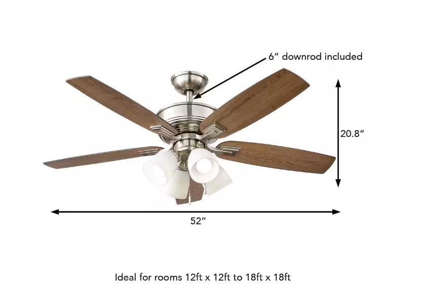 Hampton Bay Devron II 52 in. Indoor Brushed Nickel LED Ceiling Fan with Light Kit, Downrod and Reversible Blades