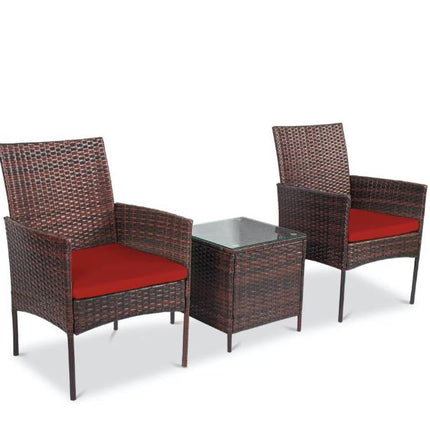 Pyramid Home Decor Alvino 3-Piece Galvanized Steel Frame Outdoor Patio Bistro Set, Chairs with Thick Red Cushion and Glass Top Coffee Table