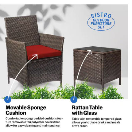 Pyramid Home Decor Alvino 3-Piece Galvanized Steel Frame Outdoor Patio Bistro Set, Chairs with Thick Red Cushion and Glass Top Coffee Table