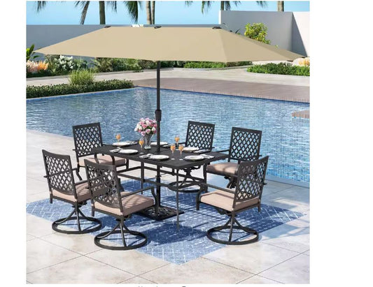 7-Piece Metal Outdoor Patio Dining Set with with Beige Cushions