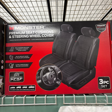 2PK Monster Premium Seat Cushions & Steering Wheel Cover