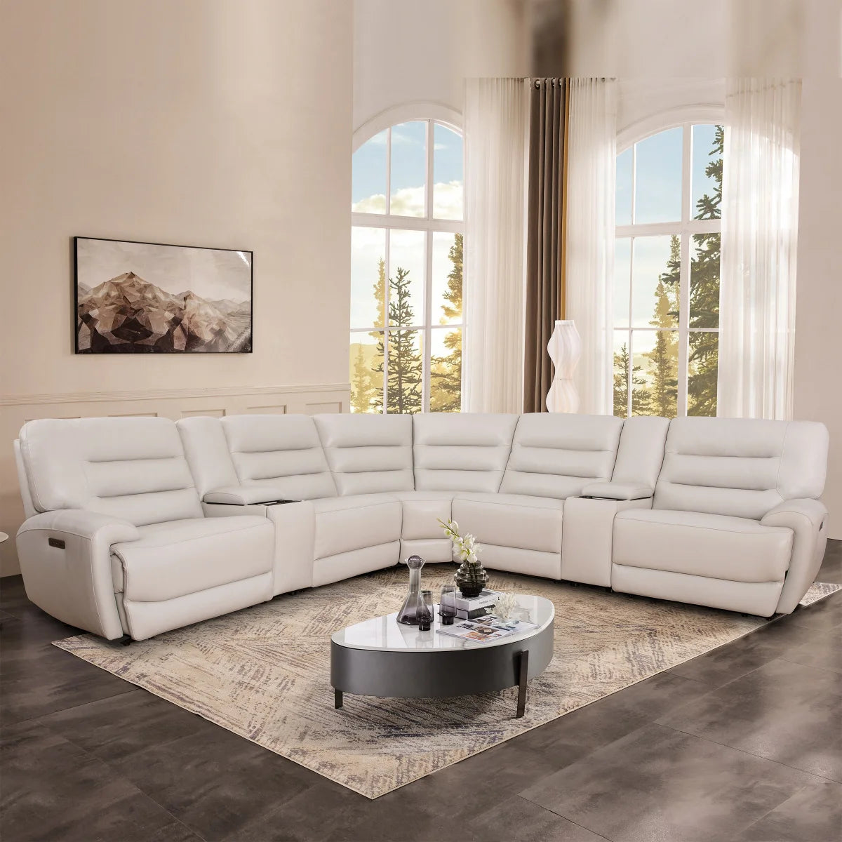 Aubrey 7-piece Leather Power Zero Gravity Reclining Sectional with Power Headrests - Cream