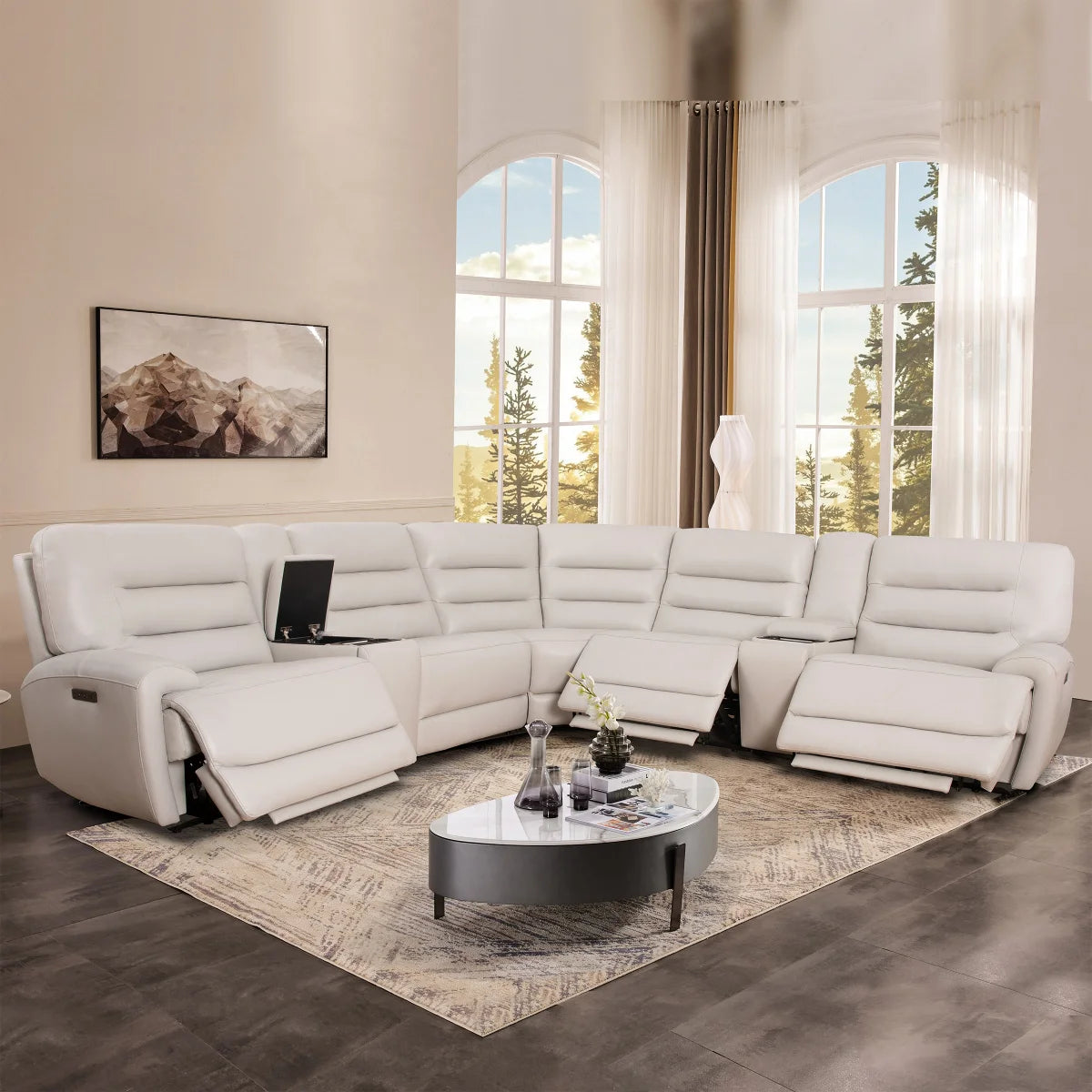 Aubrey 7-piece Leather Power Zero Gravity Reclining Sectional with Power Headrests - Cream