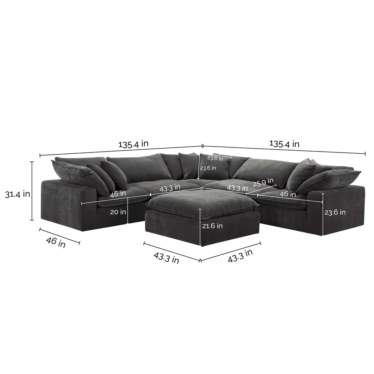 Sereen 6-piece Fabric Modular Sectional, Dark Gray