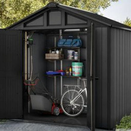 Keter Stronghold 2.0 8 ft. W x 6 ft. D Durable Resin Plastic Outdoor Storage Shed with Flooring, Grey (48 sq. ft.)