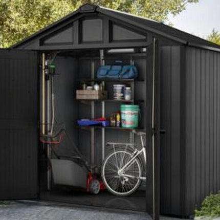 Keter Stronghold 2.0 8 ft. W x 6 ft. D Durable Resin Plastic Outdoor Storage Shed with Flooring, Grey — Open Box (Cosmetic Wear) (48 sq. ft.)