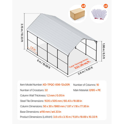 VEVOR Heavy Duty Metal Carport 12 x 20 ft With Galvanized Steel Frame & Roof