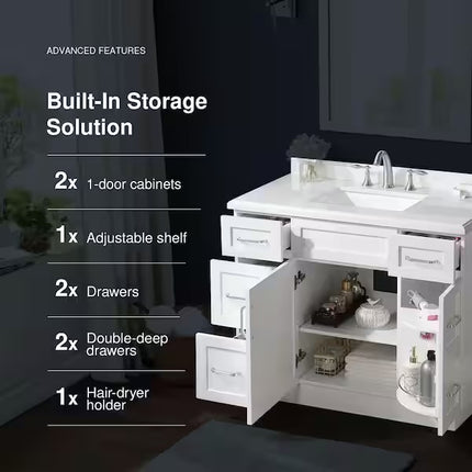 Lincoln 42 in. Single Sink White Bath Vanity with White Engineered Stone Top