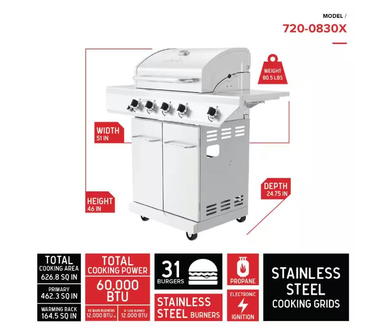 Nexgrill 4-Burner Propane Gas Grill in Stainless Steel with Side Burner