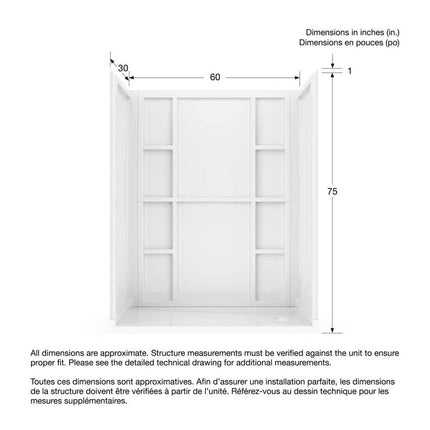 MAAX Interflo 60 in. L x 30 in. W x 73 in. H 5-Piece Alcove Shower Kit with Direct-to-Stud Walls and Right Drain Shower Pan 107730-000-001-002