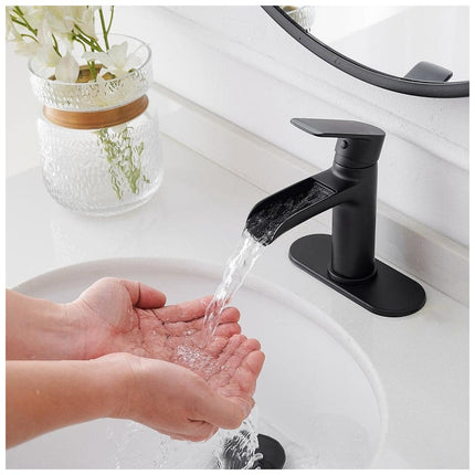 BWE Waterfall Single Handle Single Hole Modern Bathroom Faucet Bathroom Drip-Free Vanity Sink Faucet in Matte Black A-96071-B
