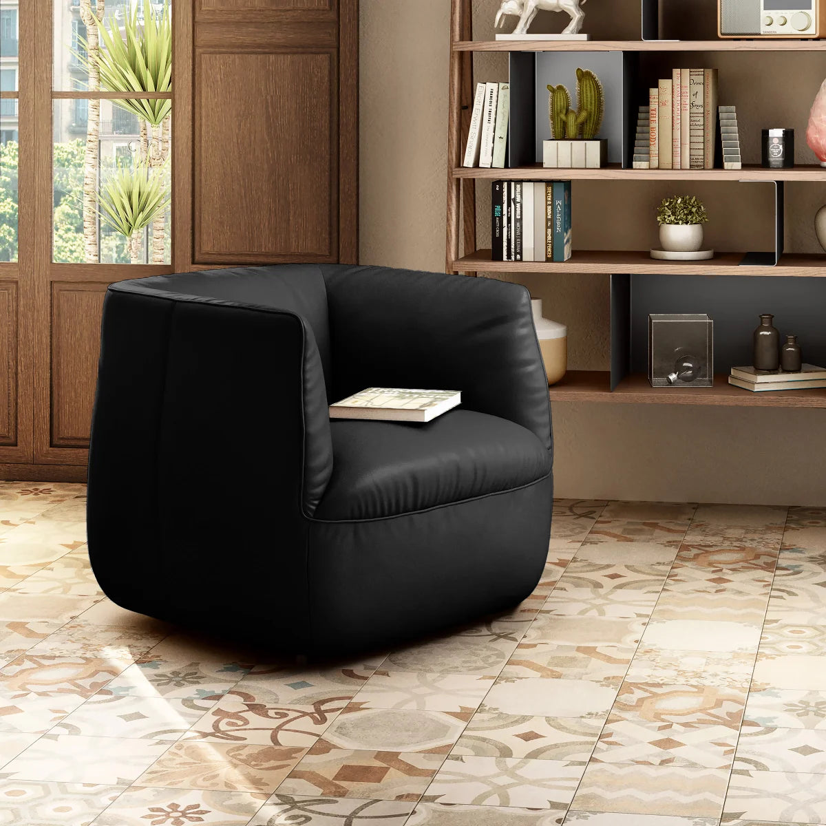 Natuzzi Wally Top Grain Leather Swivel Chair (Black)