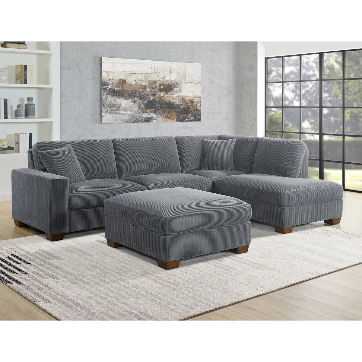 Thomasville Artesia Corduroy Fabric Sectional with Ottoman - Gray