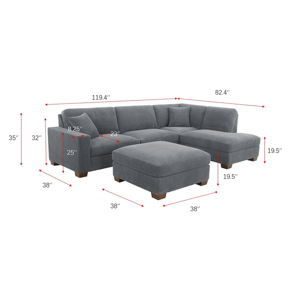 Thomasville Artesia Corduroy Fabric Sectional with Ottoman - Gray