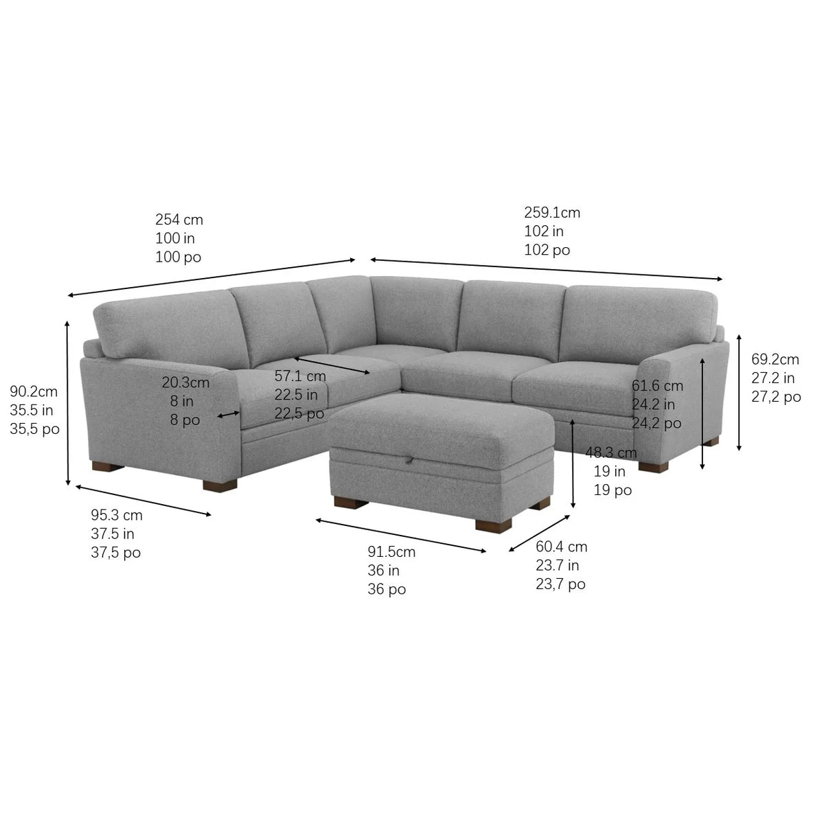 Thomasville Langdon Fabric Sectional with Storage Ottoman - Gray