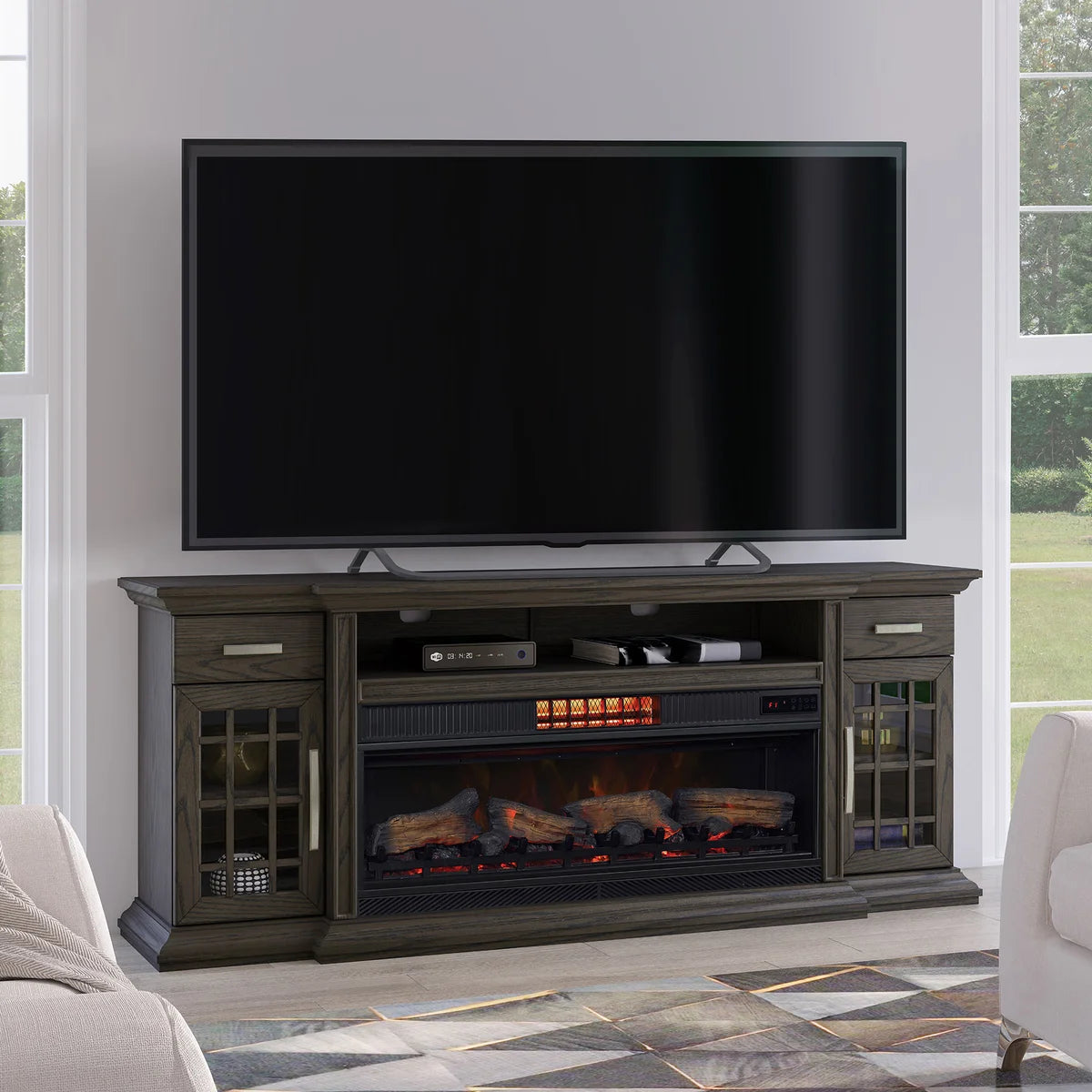 Tresanti Everett TV Console with ClassicFlame CoolGlow 2-in-1 Electric Fireplace and Fan, Brown