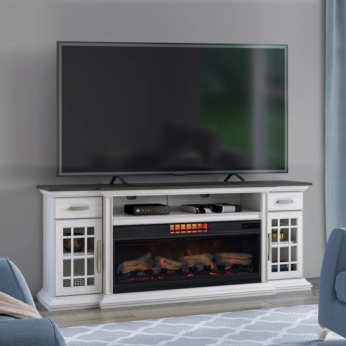 Tresanti Everett TV Console with ClassicFlame CoolGlow 2-in-1 Electric Fireplace and Fan, White