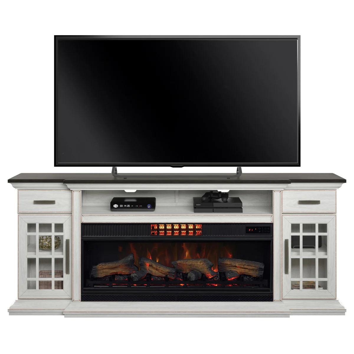 Tresanti Everett TV Console with ClassicFlame CoolGlow 2-in-1 Electric Fireplace and Fan, White