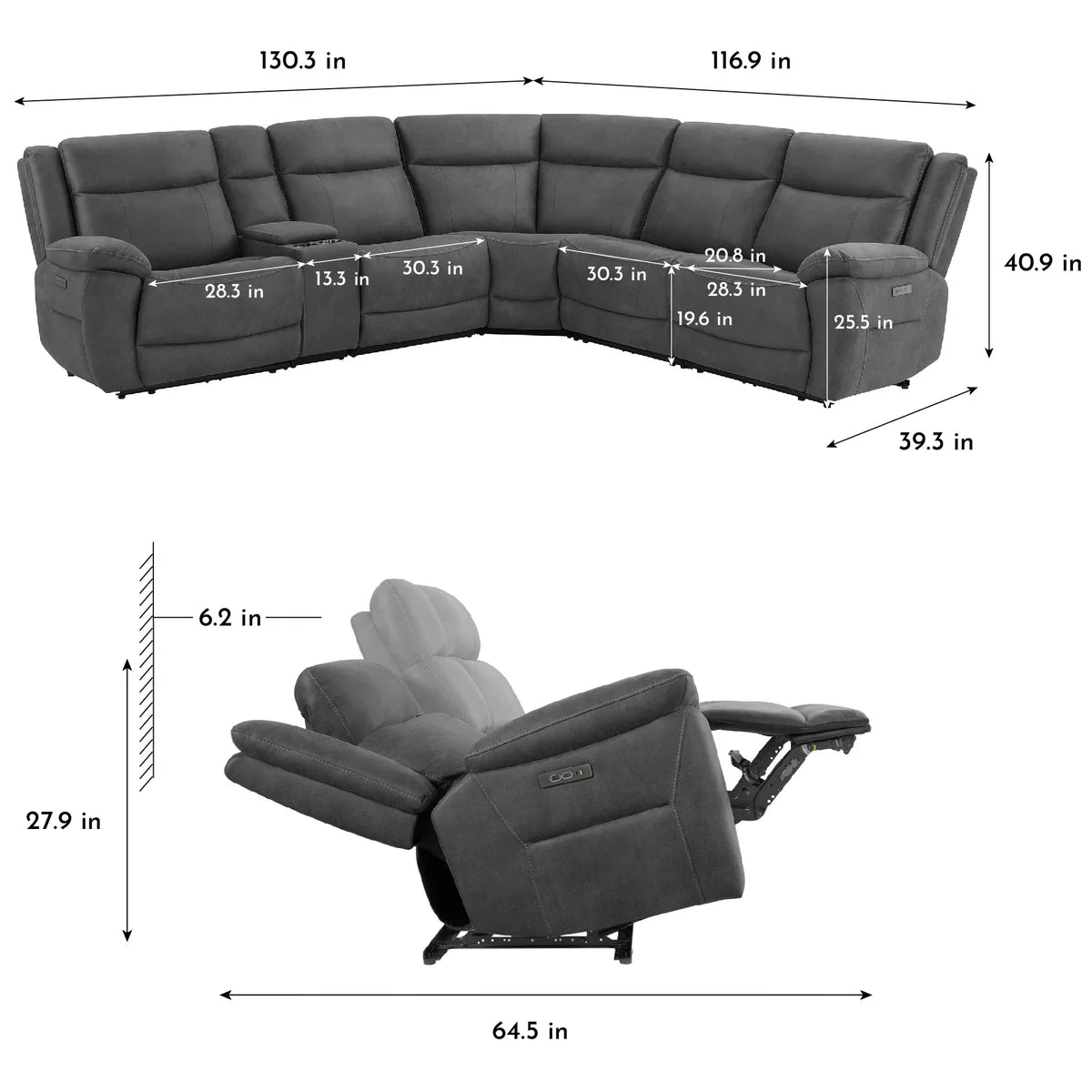 Zakary 6-piece Fabric Power Reclining Sectional With Power Headrests