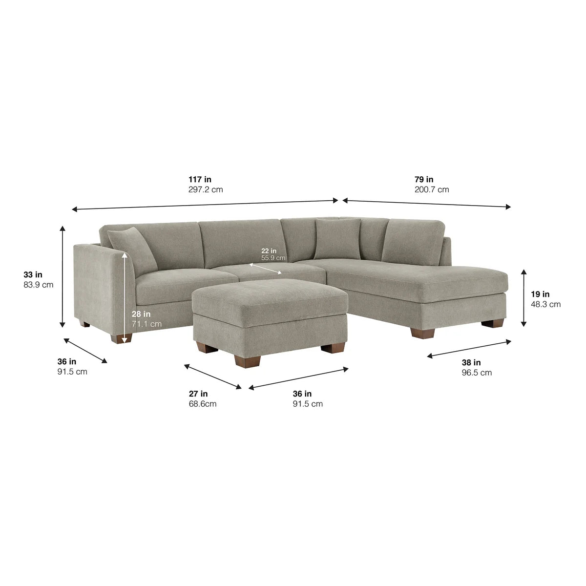 Thomasville Walsen Sectional with Storage Ottoman 3 piece - Gray