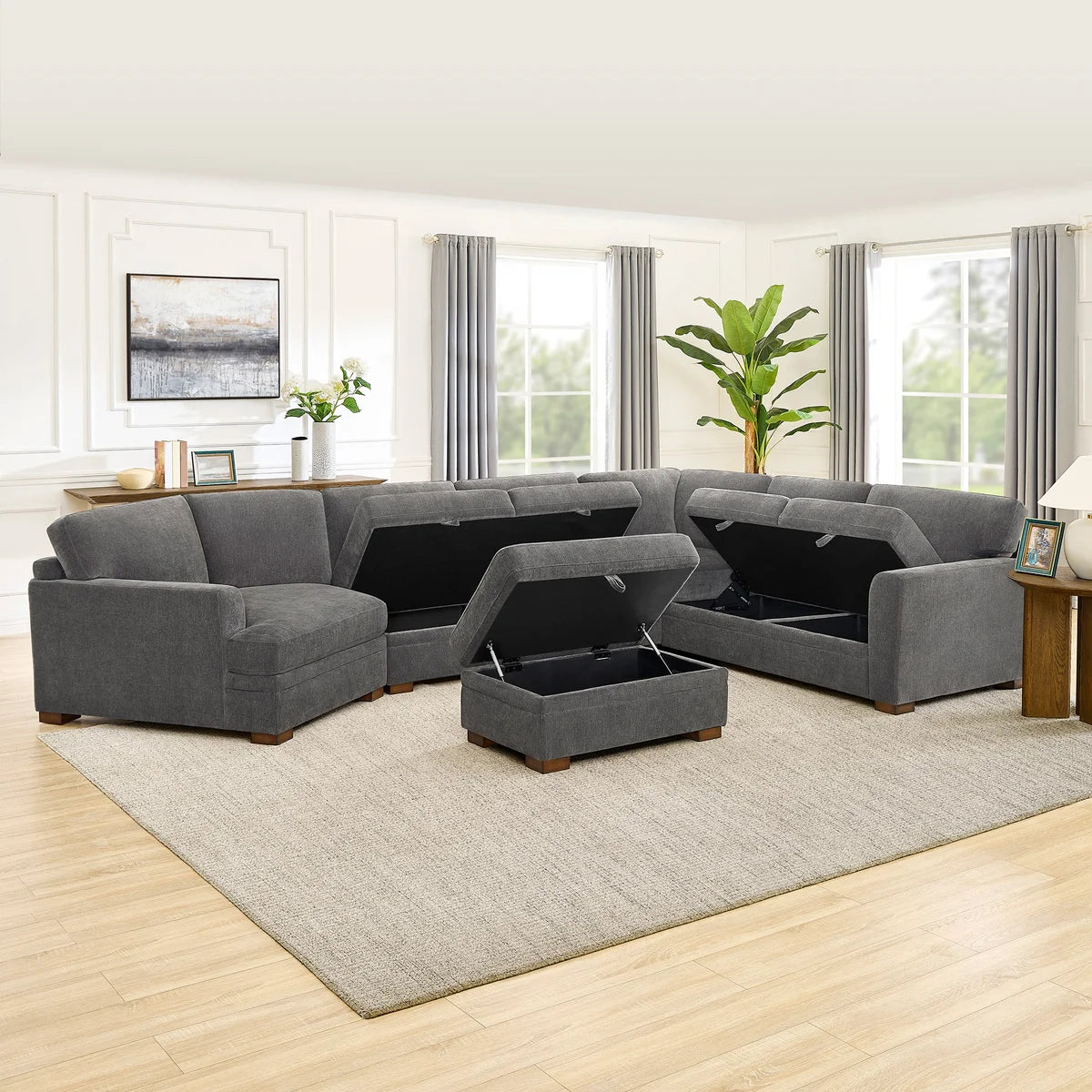 Thomasville Merran Fabric Sectional with Storage Seats and Storage Ottoman