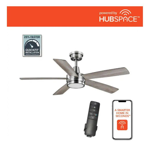 Hampton Bay Fanelee 54 in. White Color Changing LED Brushed Nickel Smart Ceiling Fan with Light Kit and Remote Powered by Hubspace