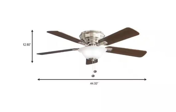 Hampton Bay Hawkins III 44 in. LED Indoor Brushed Nickel Flush Mount Ceiling Fan with Light