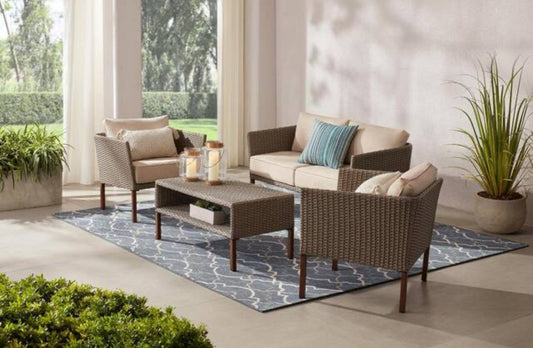 Oakshire 4-Piece Wicker Outdoor Deep Seating Set with Tan Cushions