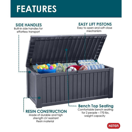 Keter Rockwood 150 Gal. Large Resin Outdoor Storage Deck Box with Bench Lid, Grey (257305)