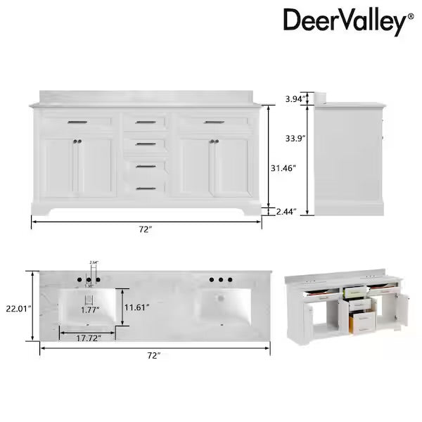 72 in. W Double Sink Freestanding White Wood Bath Vanity with White Engineered Marble Top