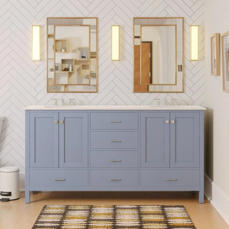 72" Double Bathroom Vanity with Powder Blue Cabinet and Engineered White Top