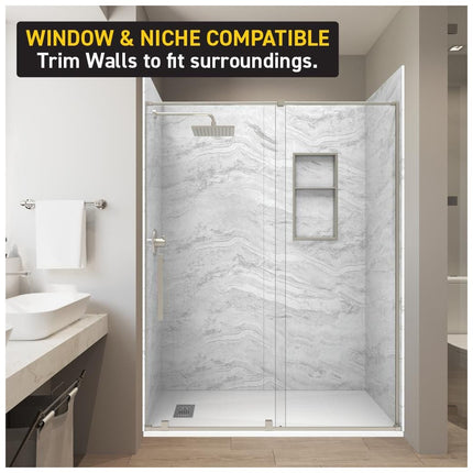 CASTICO 32 x 60x84 in. Solid Composite Stone Alcove Shower Insert Wall and Base Combo Kit, Nickel Door, Niche and Drain - Reversible CSBNB3260WHSLSL
