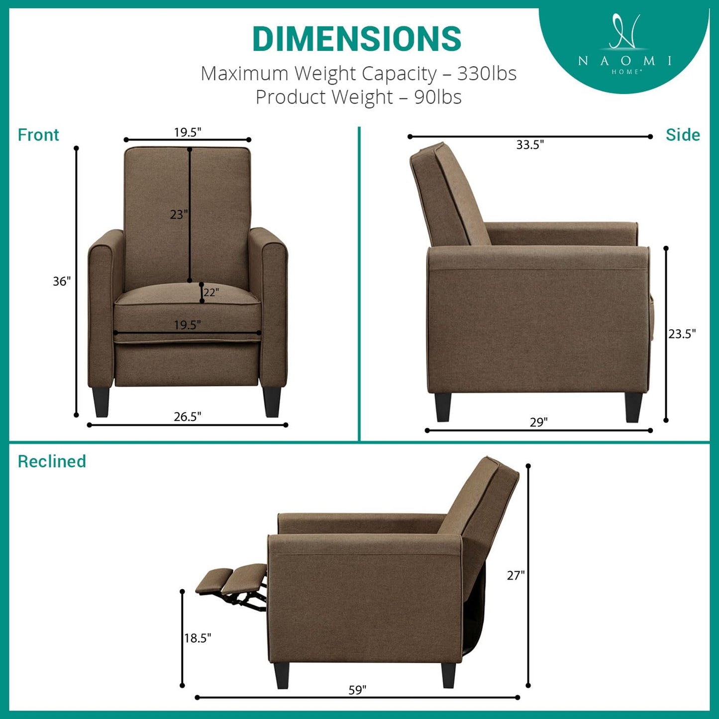 HOMESTOCK Chocolate, Push back Recliner Chairs, Breathable Linen Recliner with Adjustable Footrest, Small Recliners